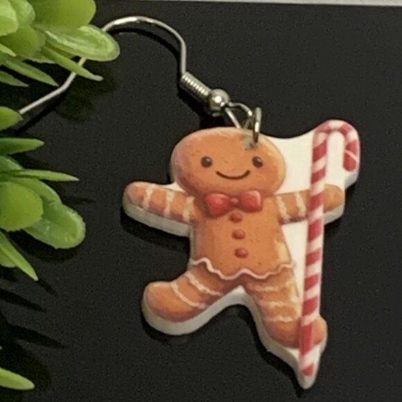 Gingerbread Man Earring, Candy Cane Earring, Christmas Earring, Gift Idea, Xmas - Picture 2 of 4